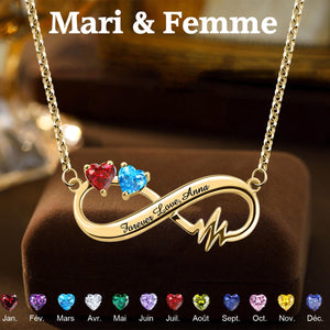 Collier Infini avec Gravure Personnalisée et Pierres de Naissance en Forme de Cœur