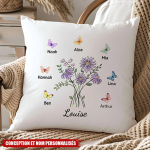 Coussin Personnalisé avec Noms de la Famille et Design Floral