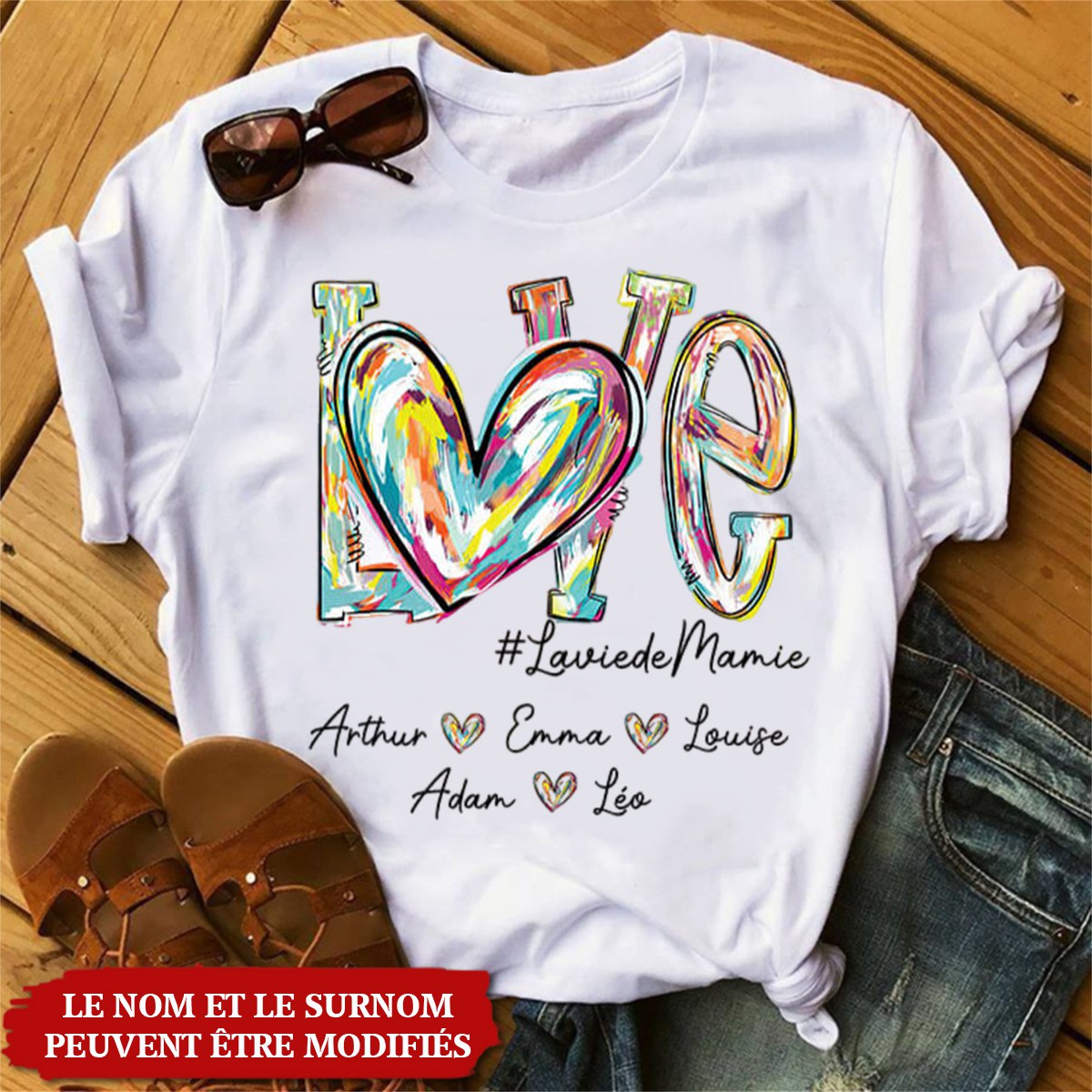 T-shirt personnalisé avec le mot "LOVE" et les prénoms - Idée cadeau pour Mamie