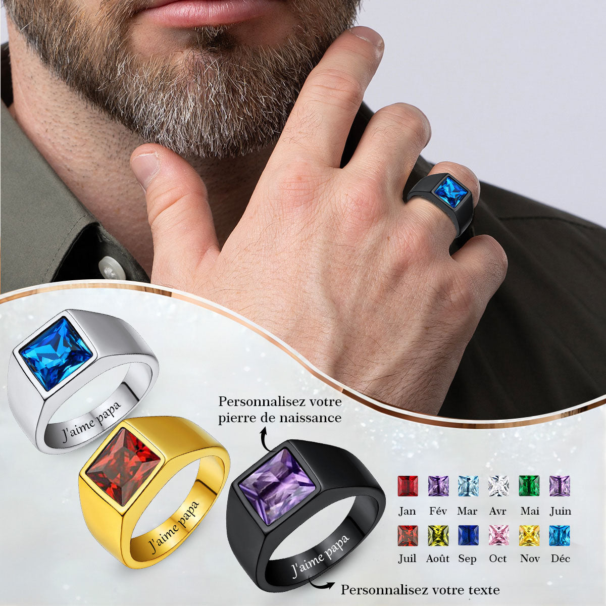 Bague chevalière personnalisée avec pierre de naissance à coupe carrée pour homme