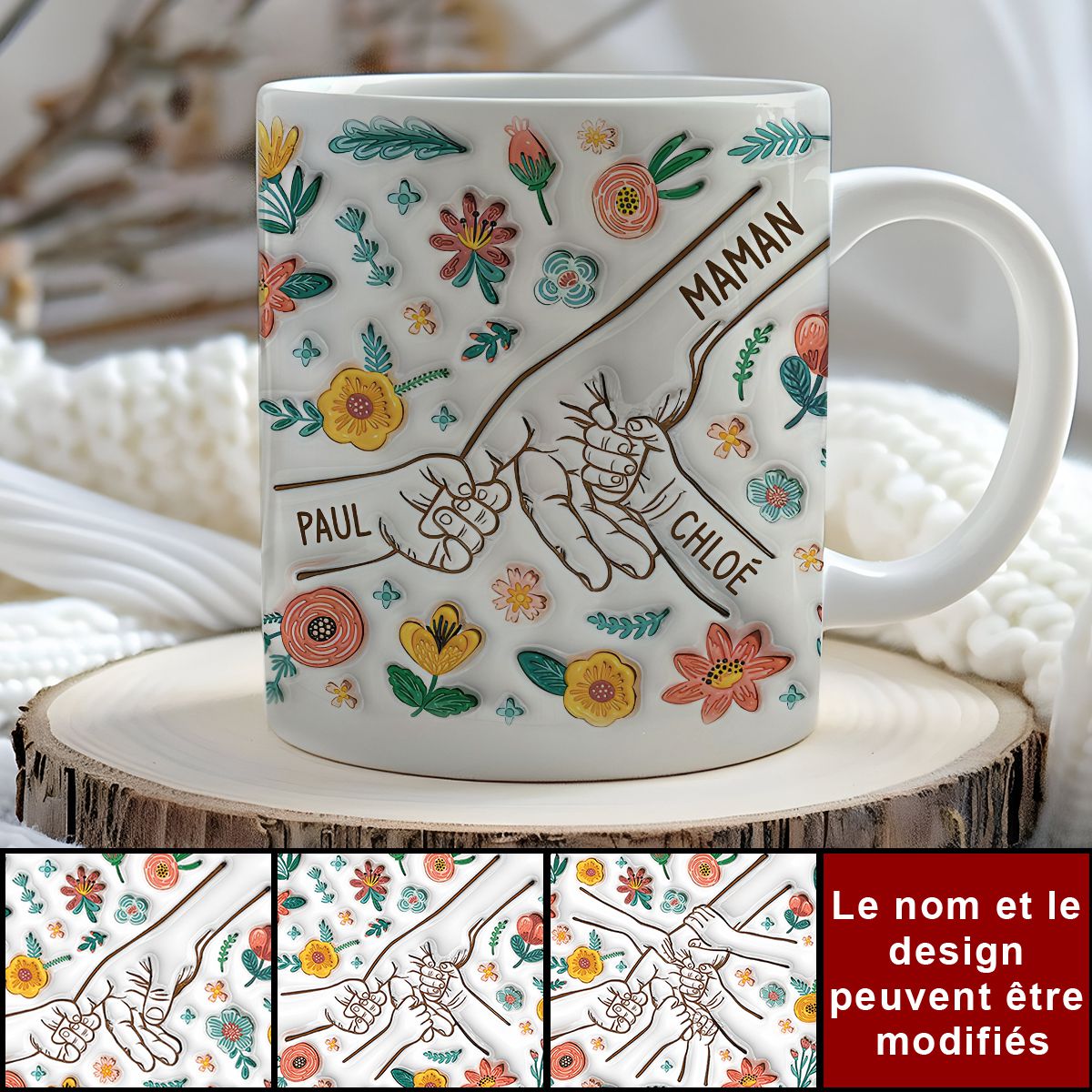 Maman Tenant Les Mains Avec Fleurs de Tendresse 3D - Mug Personnalisé Pour Maman