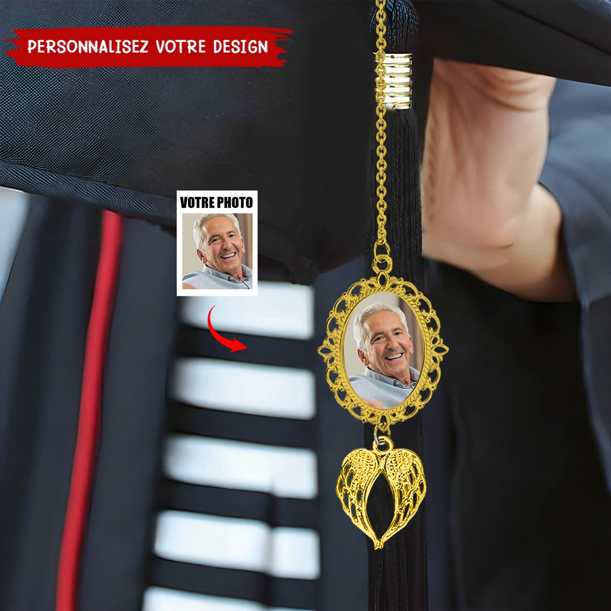 Pendentif photo de frange de graduation personnalisé avec ailes d'ange
