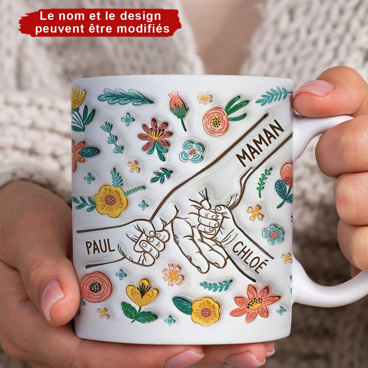 Maman Tenant Les Mains Avec Fleurs de Tendresse 3D - Mug Personnalisé Pour Maman