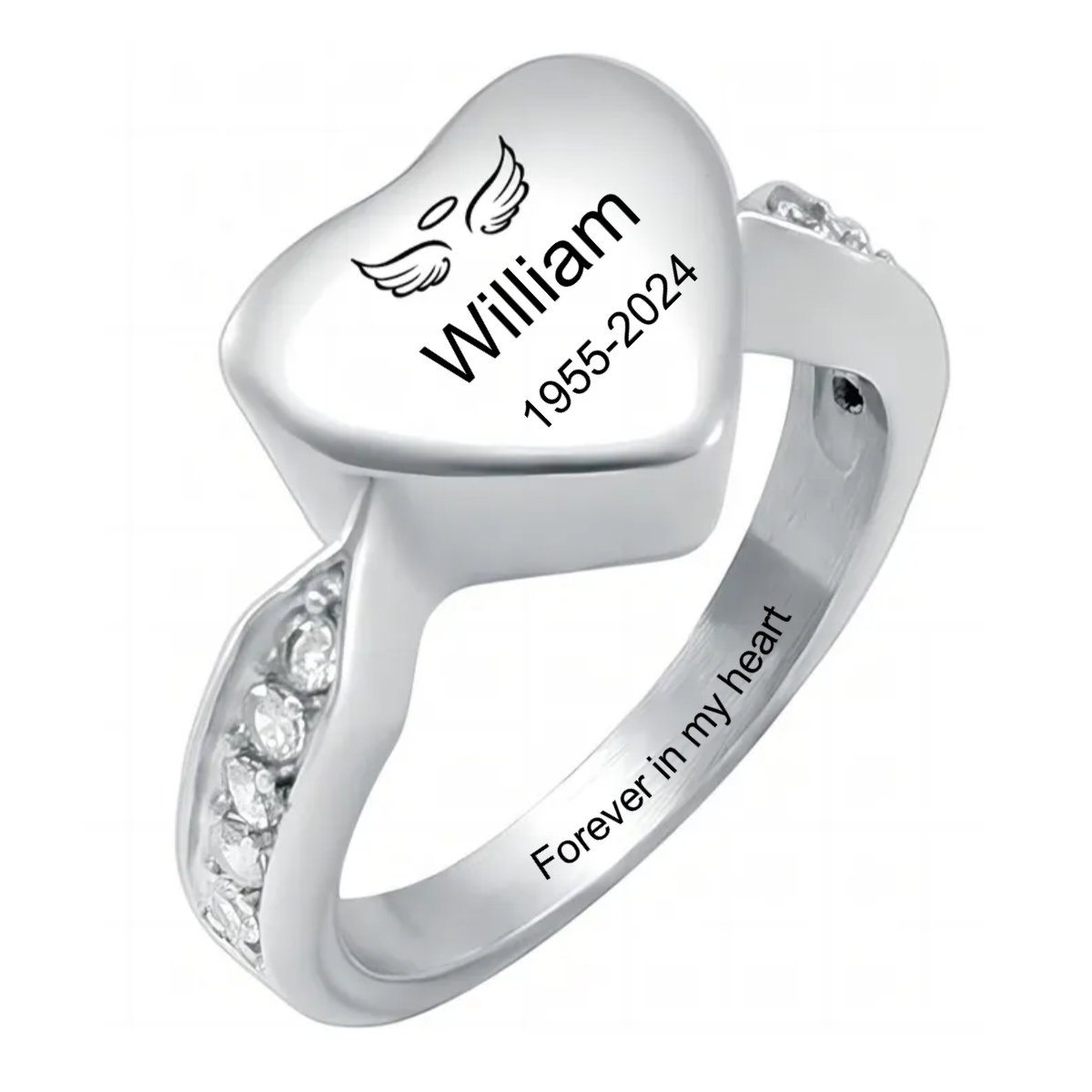 Bague commémorative en acier inoxydable personnalisée avec urne en forme de cœur
