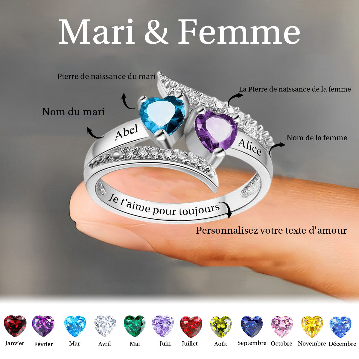 Je t'aime Pour Toujours - Bague De Promesse Personnalisée Avec Pierres De Naissance