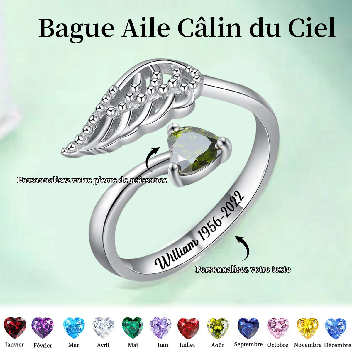 Câlin Personnalisé De L’aile Du Ciel Bague De Pierre De Naissance