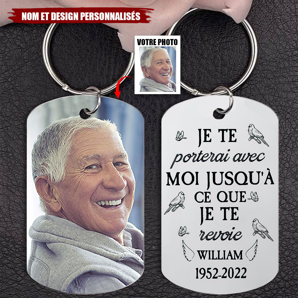 Porte-clés commémoratif personnalisé avec photo et gravure