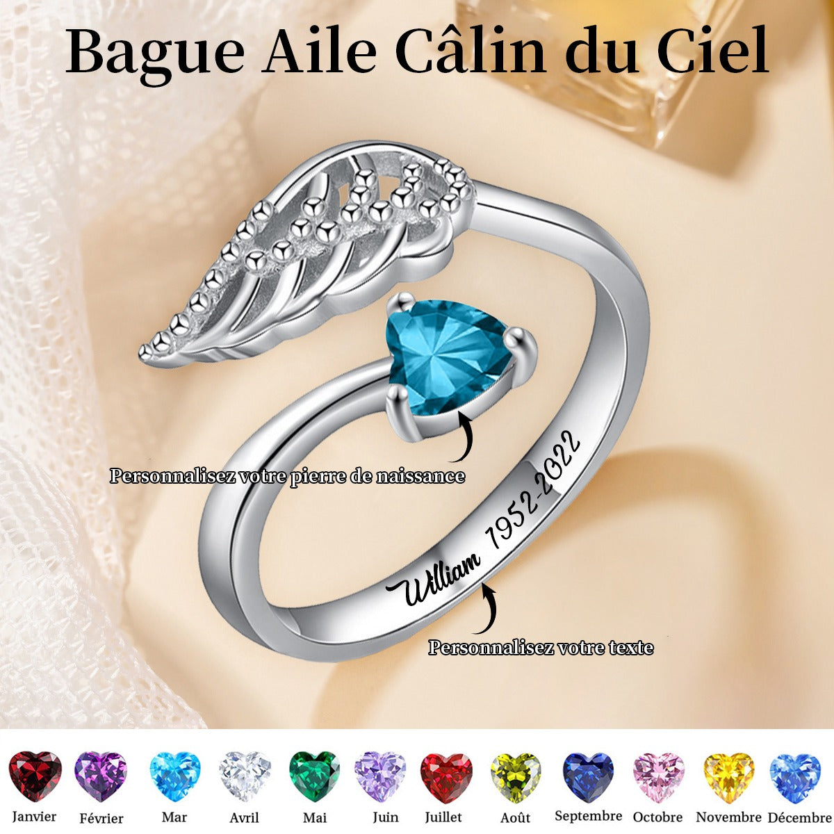Câlin Personnalisé De L’aile Du Ciel Bague De Pierre De Naissance