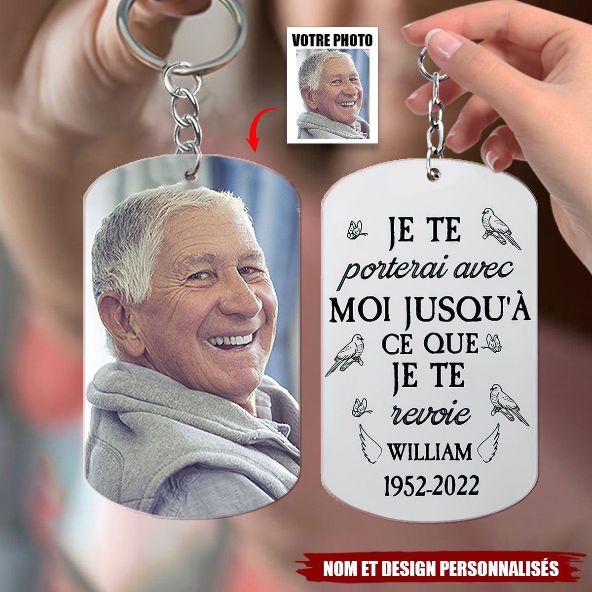 Porte-clés commémoratif personnalisé avec photo et gravure