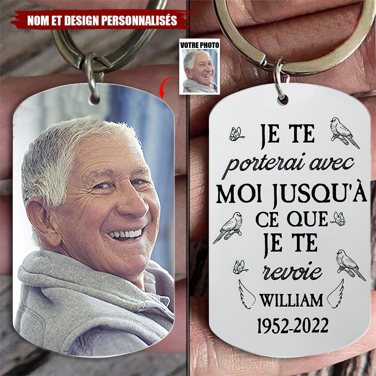 Porte-clés commémoratif personnalisé avec photo et gravure