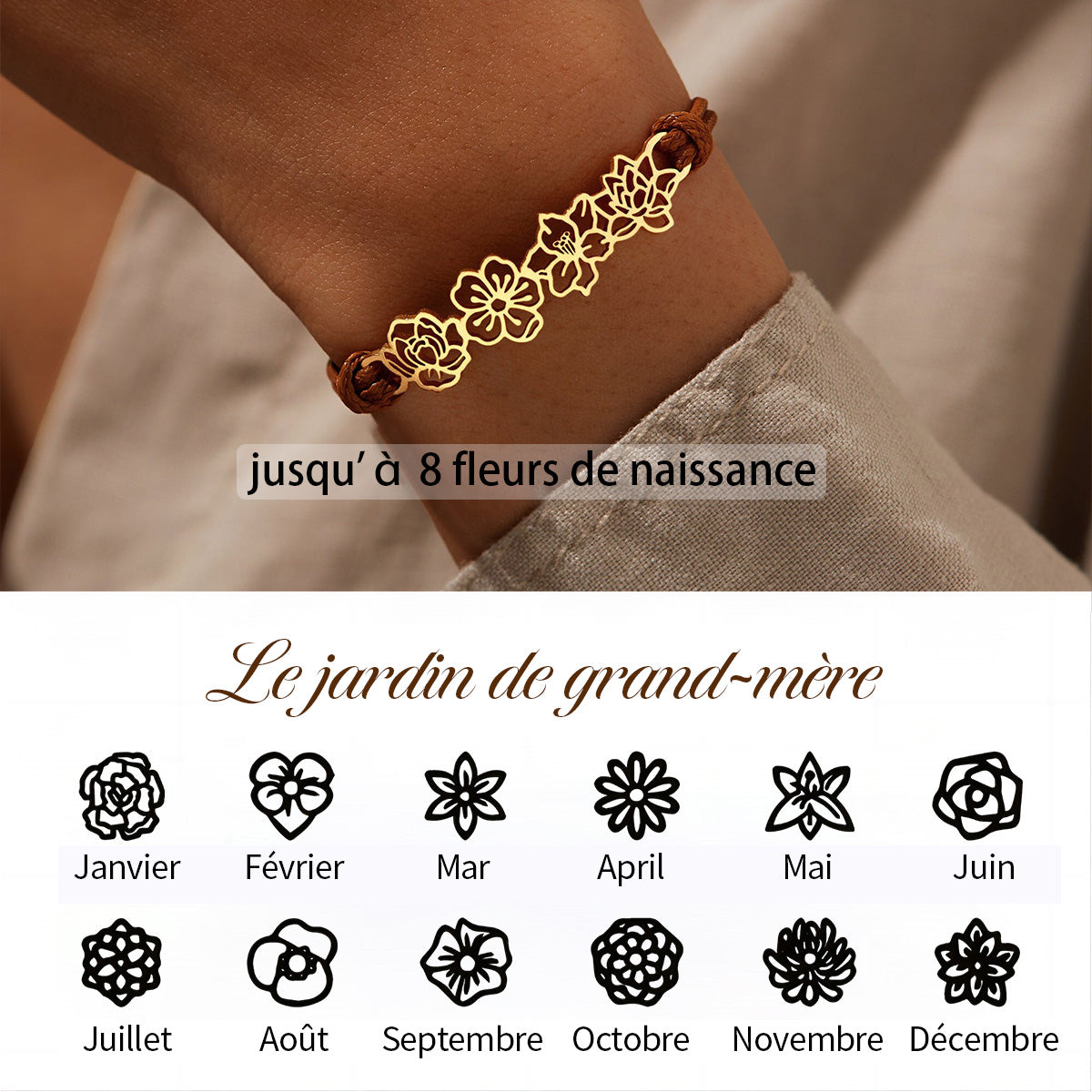 Bracelet Personnalisé Fleur De Naissance - Cadeau Pour Maman, Grand-mère, Amie - Fête Des Mères, Anniversaire