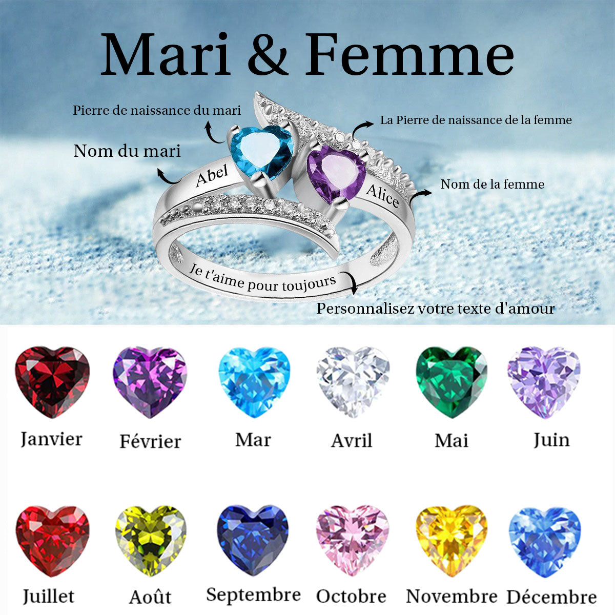 Je t'aime Pour Toujours - Bague De Promesse Personnalisée Avec Pierres De Naissance