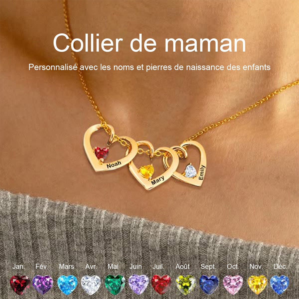 Collier personnalisé en forme de cœur avec nom et pierre de naissance pour Maman et Grand-mère