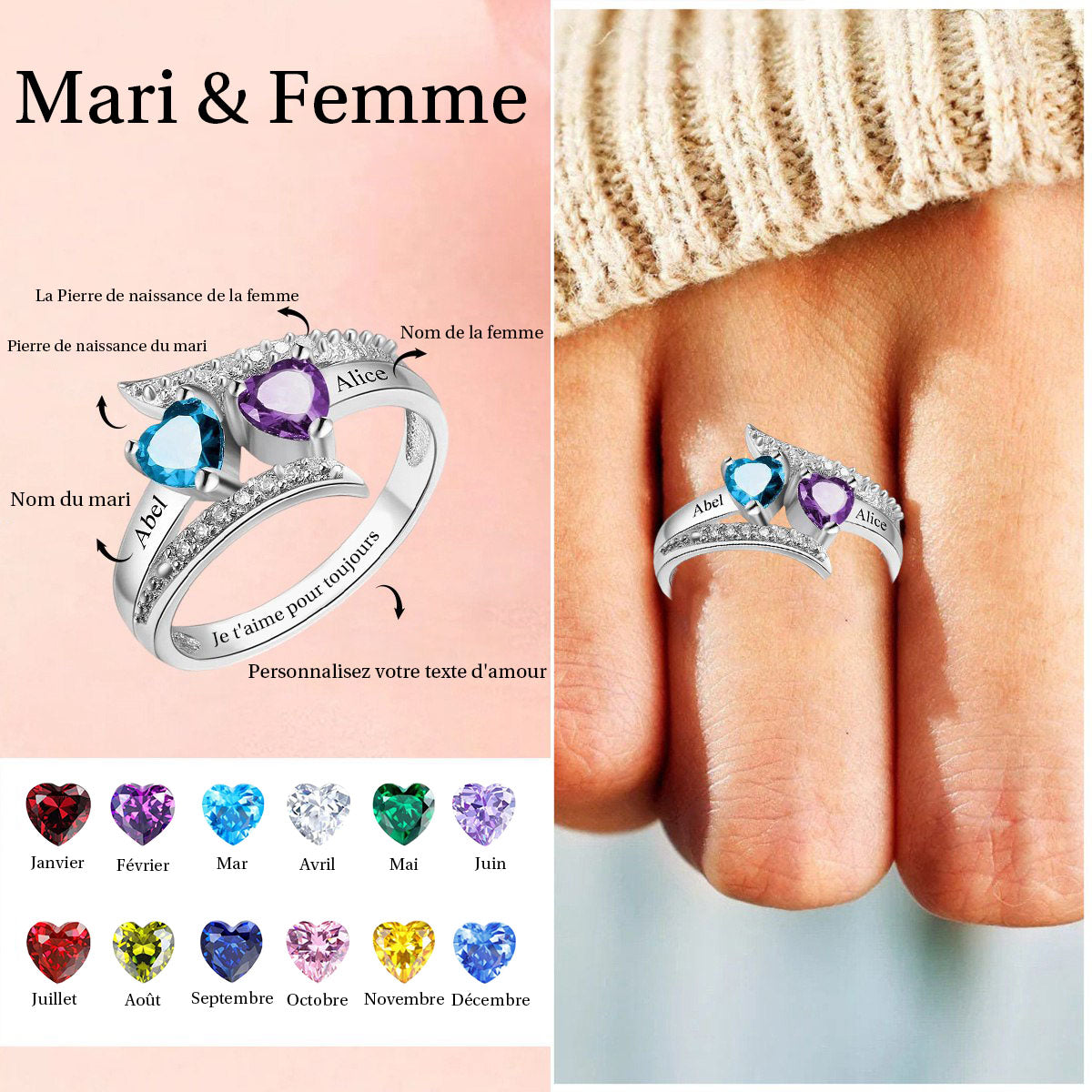 Je t'aime Pour Toujours - Bague De Promesse Personnalisée Avec Pierres De Naissance