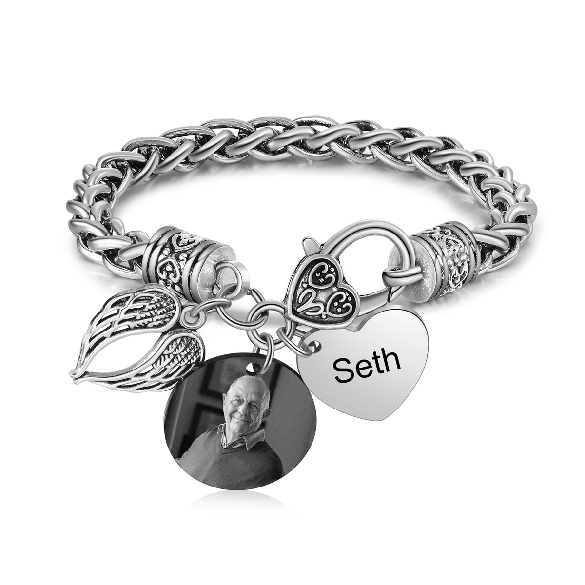 Bracelet Coeur et Ailes commémoratif 1 Prénom Personnalisé avec photo Bracelet Personnalisé